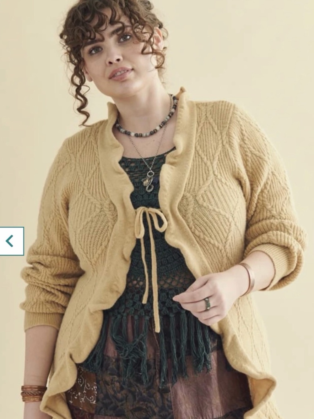 EARTHBOUND Ruffle-Trim Open Cardigan Sweater in Light Tan